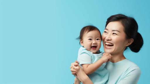 four asian women of grandmother, mother and daughter holding a baby, smiling, in a gradient blue background --ar 16:9