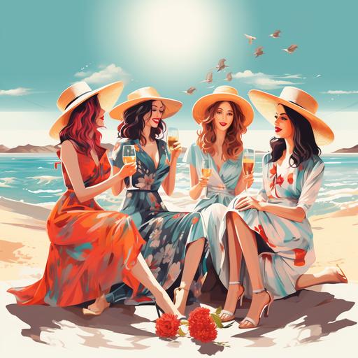 four beautiful girls in modern dresses with large hats on the Cote D Azure beach, having fun under the sun, with a prosecco glass in their hands, in sitting position, like for a picture
