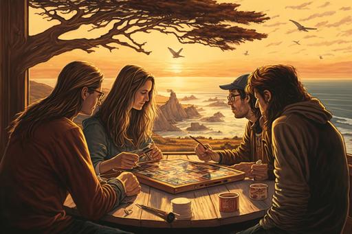 four friends, playing a board game, bluffs overlooking the ocean, golden hour, lone cypress, warm colors, detailed faces, nostalgic --ar 3:2 --q 2