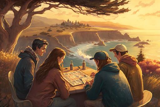 four friends, playing a board game, bluffs overlooking the ocean, golden hour, lone cypress, warm colors, detailed faces, nostalgic --ar 3:2 --q 2