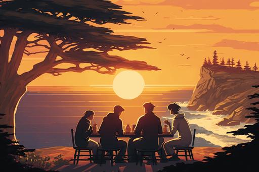 four friends, playing a board game, bluffs overlooking the ocean, golden hour, lone cypress, warm colors, nostalgic --ar 3:2