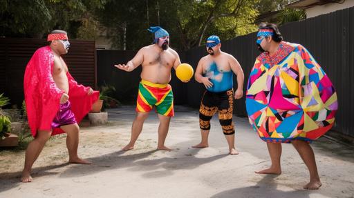 four guys dressed in mexican style wrestlying costumes and other crazy hand made outfits are playing a game of four sqaure in their backyard with a beach ball, chalk lines on the concrete, clothes line in the background, super colourful outfits, masks, feathers, capes, very fat man, a tall man, a small skinny man, all looking at the camera, cinematic lighting, photo realism s750 --v 5.0 --ar 16:9