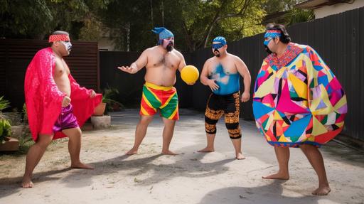four guys dressed in mexican style wrestlying costumes and other crazy hand made outfits are playing a game of four sqaure in their backyard with a beach ball, chalk lines on the concrete, clothes line in the background, super colourful outfits, masks, feathers, capes, very fat man, a tall man, a small skinny man, all looking at the camera, cinematic lighting, photo realism s750 --ar 16:9 --v 5.0