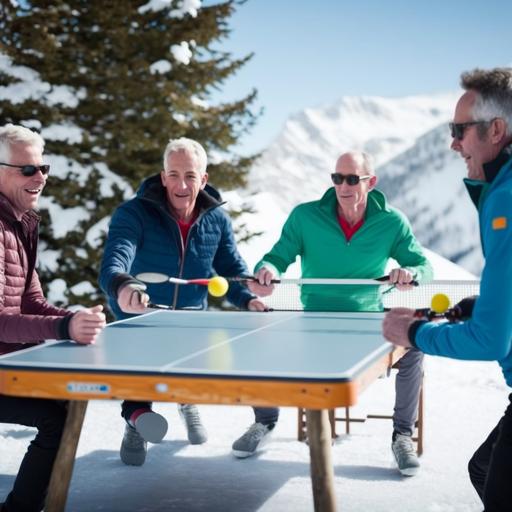 four male friends in their fifties holding table tennis bats and enjoying playing table tennis whilst on a skiing holiday in the french alps