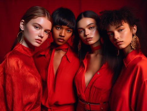 four models standing together as friends, wearing red, in one studio photograph, one female swedish model, one female chinese model , one male australian-aboriginal model, one male italian model with mammoth fashion eyelashes --ar 32:24 --v 5 --s 750