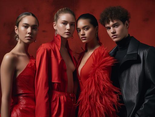 four models standing together as friends, wearing red, in one studio photograph, one female swedish model, one female chinese model , one male australian-aboriginal model, one male italian model with mammoth fashion eyelashes --ar 32:24 --v 5 --s 750