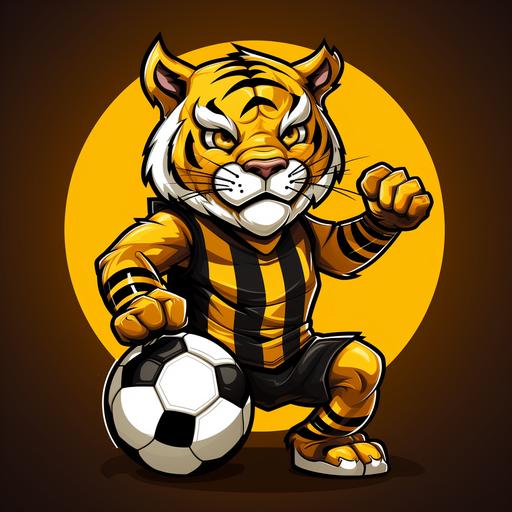 Soccer team logo, mascot is a tiger, team color is yellow, vector logo, cartoon character design