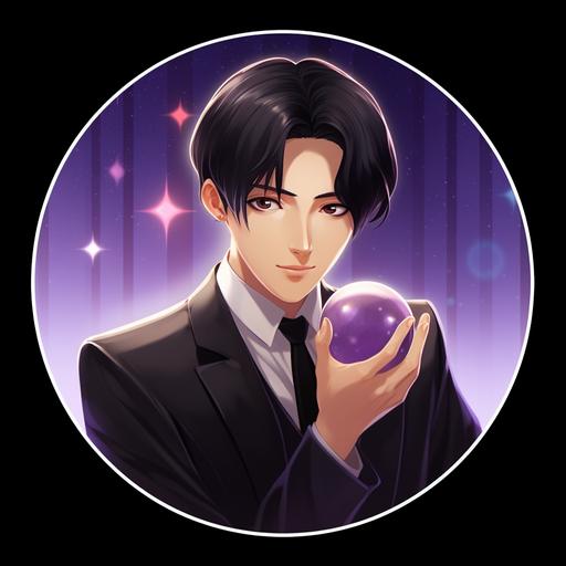 icon, fortune-telling account, male, 20s, Asian,as a Pixar character, black hair, center parted bangs, wearing black suit jacket and white collared shirt, holding fortune-telling crystal ball with hands, purple and white gradient background,