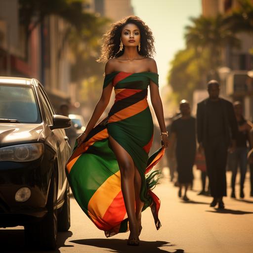 a beautiful lady in a chitenge dress with the zambian flag colors wearing high heels walking the streets celabrating independence day photo-realistic