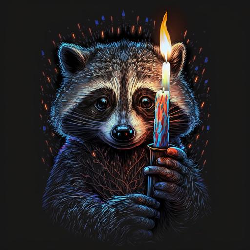 Bright funny logo, a raccoon holds a candle and 