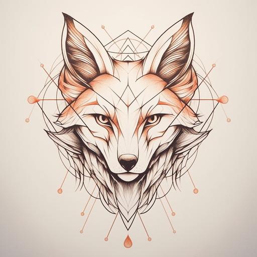 fox with 9 tails, face centered, all nine tails flying around the face, no body visible, high detail, geometric style minimalist style tattoo drawing --no people pen pencil brush table