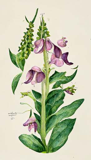 foxglove, orchid, varigated hosta, flowers, botanical illustration, curtis's botanical magizine, semi-flat semi-realism illustration style, valeri zarytovski, --ar 9:16