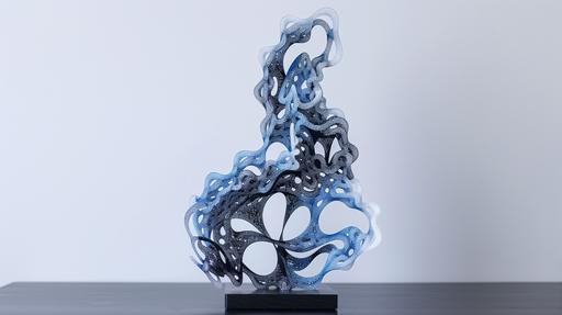 fractal formed stand, digital display, flat, 3d printed. On cut out section. Black, Grey, blue and white --ar 16:9 --s 50