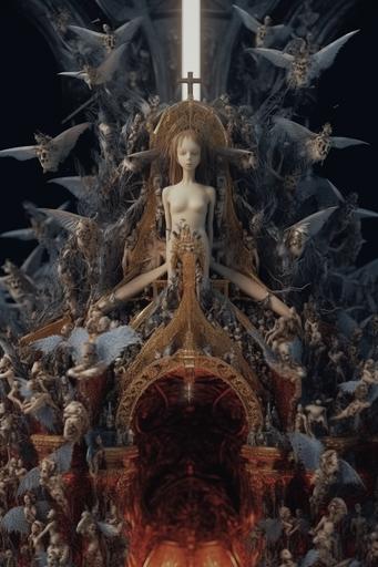 fractal sculpture with transparent and crystal skin, jesus and 100 barbie dolls melting in fire, skull be buried in ice for eternity with gothic devil wings, catholic cross in 60s american aesthics, darters, mysterious, nothing lasts forever, high details, 16k, unreal engine --ar 2:3 --v 5.0