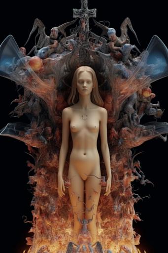 fractal sculpture with transparent and crystal skin, jesus and 100 barbie dolls melting in fire, skull be buried in ice for eternity with gothic devil wings, catholic cross in 60s american aesthics, darters, mysterious, nothing lasts forever, high details, 16k, unreal engine --ar 2:3 --v 5.0