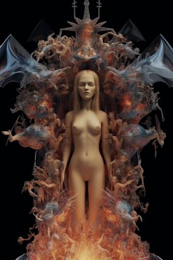 fractal sculpture with transparent and crystal skin, jesus and 100 barbie dolls melting in fire, skull be buried in ice for eternity with gothic devil wings, catholic cross in 60s american aesthics, darters, mysterious, nothing lasts forever, high details, 16k, unreal engine --ar 2:3 --v 5.0