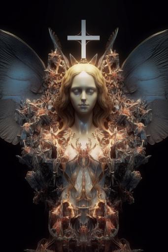 fractal sculpture with transparent and crystal skin, jesus and barbies melting in fire, skull be buried in ice for eternity with gothic angel wings, catholic cross , darters, mysterious, nothing lasts forever, high details, 16k, unreal engine --ar 2:3 --v 5.0