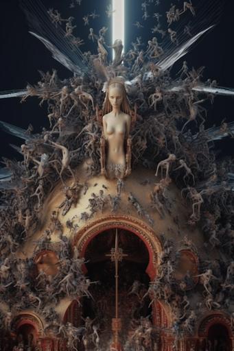 fractal sculpture with transparent and crystal skin, jesus and 100 barbie dolls melting in fire, skull be buried in ice for eternity with gothic devil wings, catholic cross in 60s american aesthics, darters, mysterious, nothing lasts forever, high details, 16k, unreal engine --ar 2:3 --v 5.0