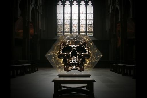 fractal steel transparent and crystal texture, diamond skull interior texturebe, expensive catholic cross in fire, high details, 16k, unreal engine --ar 3:2 --v 5.0