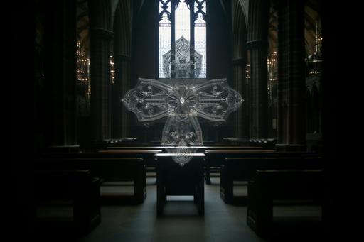 fractal steel transparent and crystal texture, diamond skull interior texturebe, expensive catholic cross in fire, high details, 16k, unreal engine --ar 3:2 --v 5.0