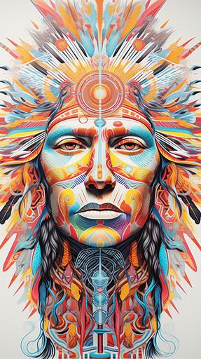 fractal zentalgle colorful gouache pattern, spiritual native american male face, fine line drawing, line art, white background --ar 9:16