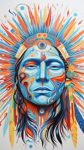 fractal zentalgle colorful gouache pattern, spiritual native american male face, fine line drawing, line art, white background --ar 9:16
