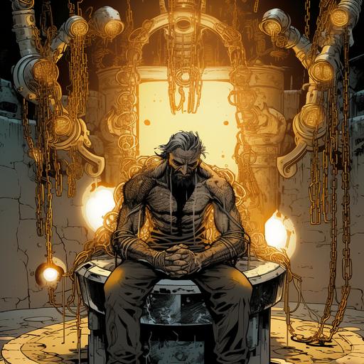 frail man sitting on a stone throne with implanted metal pipes taking his power, undergrond throne room with metal pipes connected to the man, pipes inserted into his body with energy flowing from them, withering old man, syphoning power, implated pipes, wet stone, black energy, father, comic, comic book, human, metal pipes, in the style of neal adams, sewer system, tubes, full metal alchemist, dnd, magic, fantasy, comic book artsyle, 8k, hdr, volumetric lighting --v 5.2
