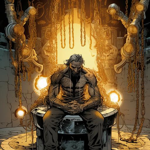 frail man sitting on a stone throne with implanted metal pipes taking his power, undergrond throne room with metal pipes connected to the man, pipes inserted into his body with energy flowing from them, withering old man, syphoning power, implated pipes, wet stone, black energy, father, comic, comic book, human, metal pipes, in the style of neal adams, sewer system, tubes, full metal alchemist, dnd, magic, fantasy, comic book artsyle, 8k, hdr, volumetric lighting