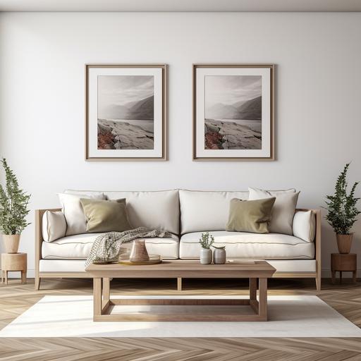 frame mockup contemporary modern living room with 2 couches, a large window, light neutral colors, wooden floor, elegant