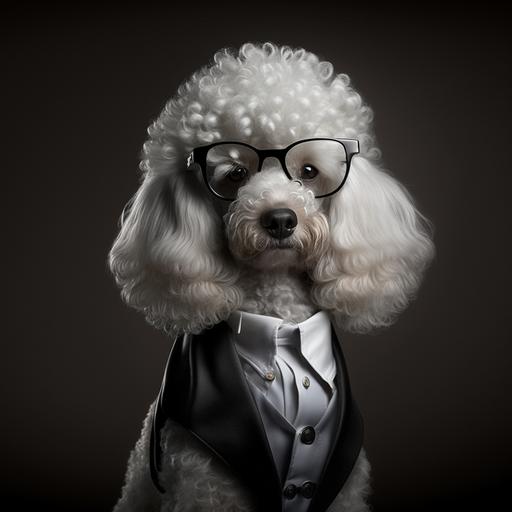 franchpoodle blanco, traje formal, lentes, fondo oscuro, 3D, 4k, Hiper realista, estudio fotografico, tomado con nikon d850 y lente 70/200mm