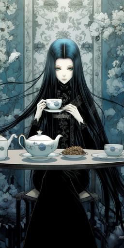 frank Miller, long ombre blue hair, filigree, delicate, delicate flower, Feitan Portor, hunter x hunter, noir, close to the screen, focus on the face, in the shadows, masked, bright narrow eyes, in black clothes, haughty look, brightly decorated china tea cup and saucer on a white textured background, Beautiful Christmas China teapot and tea cup, Victorian period, Tea Time, precure style,cute girl,nurse,high saturation,best quality,free composition, attractive young adult male, character design, full body, beach attire, --ar 3:6