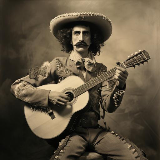 frank zappa as emiliano zapata with large mariachi sombrero, realistic photo