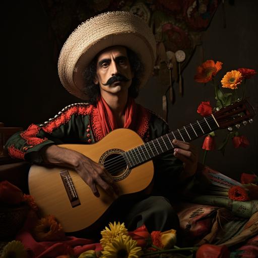 frank zappa as emiliano zapata with large mariachi sombrero, realistic annie leibovitz photo shoot