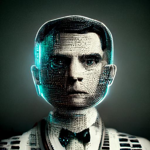 Allen Turing robot made of code, complex patterns, cgsociety, 3d math shapes, movie poster, node graph,
