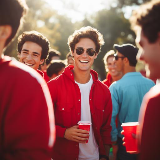 frat party guys, smiling at a party with red varsity jackets, red drink cups, hyper realistic photo, background blurry, sunny day outside, bright