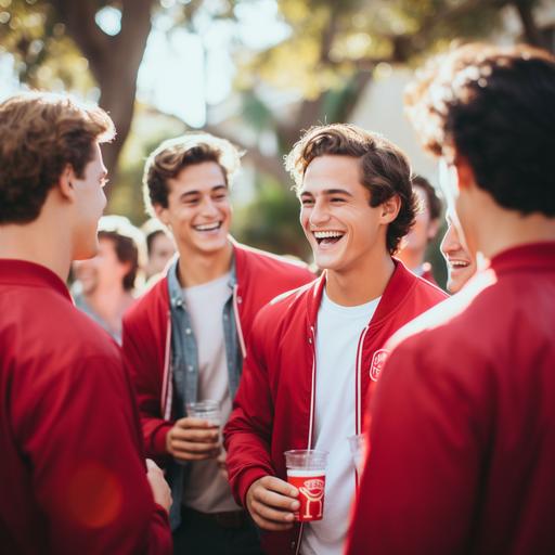 frat party guys, smiling at a party with red varsity jackets, red drink cups, hyper realistic photo, background blurry, sunny day outside, bright