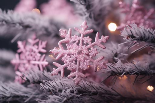 free digital photo of pink snowflakes on the christmas tree, in the style of joel robison, violet and emerald, lush detailing, detailed miniatures, zeiss batis 18mm f/2.8, classical motifs and themes, harry bertoia --ar 3:2