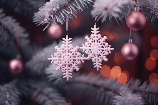 free digital photo of pink snowflakes on the christmas tree, in the style of joel robison, violet and emerald, lush detailing, detailed miniatures, zeiss batis 18mm f/2.8, classical motifs and themes, harry bertoia --ar 3:2