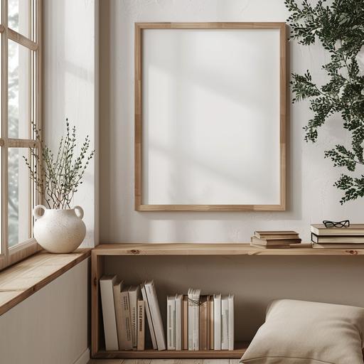 freebie blank poster frame on windowsill near bookshelf mockup, in the style of naturalistic plein air paintings, neutral colors, depictions of urban life, the helsinki school, beige, organic nature-inspired forms, eye-catching --v 6.0