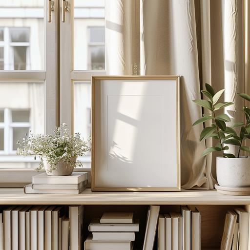 freebie blank poster frame on windowsill near bookshelf mockup, in the style of naturalistic plein air paintings, neutral colors, depictions of urban life, the helsinki school, beige, organic nature-inspired forms, eye-catching --v 6.0