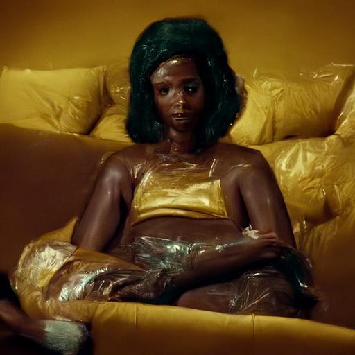 hyperrealistic photograph of a hot black woman sitting on a plastic-wrapped couch in warm-toned living room, shot on ektachrome 500t, directed by wes anderson, 1960s colour palette, 8k resolution, grainy
