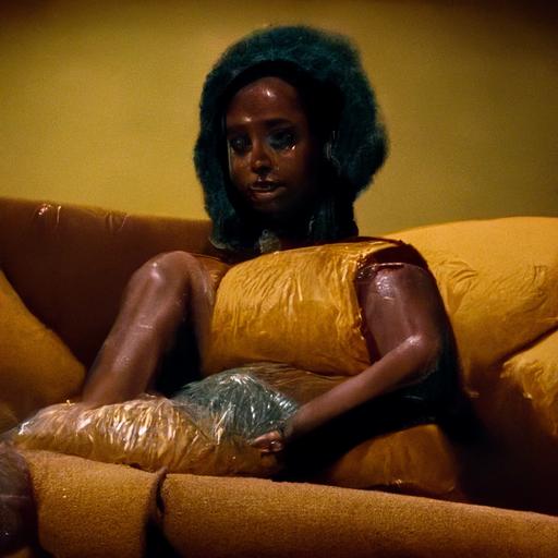 hyperrealistic photograph of a hot black woman sitting on a plastic-wrapped couch in warm-toned living room, shot on ektachrome 500t, directed by wes anderson, 1960s colour palette, 8k resolution, grainy