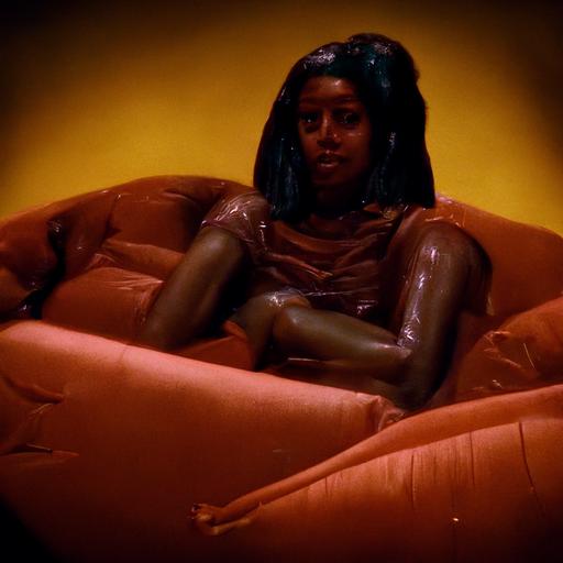 hyperrealistic photograph of a hot black woman sitting on a plastic-wrapped couch in warm-toned living room, shot on ektachrome 500t, directed by wes anderson, 8k resolution, grainy