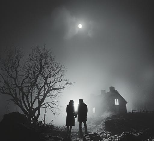 freeze frame of Swedish woman and man in 1960s art house film by Ingmar Bergman, eerie ghost light in the desolate nighttime rural Sweden and intense angst at the silent God --c 15 --ar 12:11