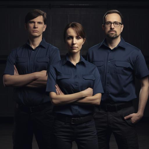 freight transportation company 4 person team wearing dark blue shirts. 8k photorealistic photograph. focus on one main person. --stylize 250 --v 5.0
