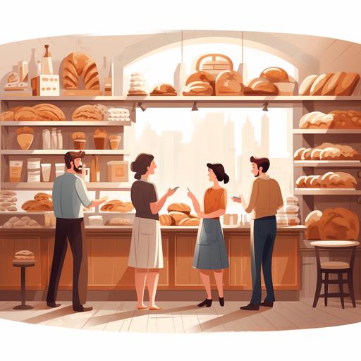 french boulangerie with people ordering bread and croissant stylish cartoon