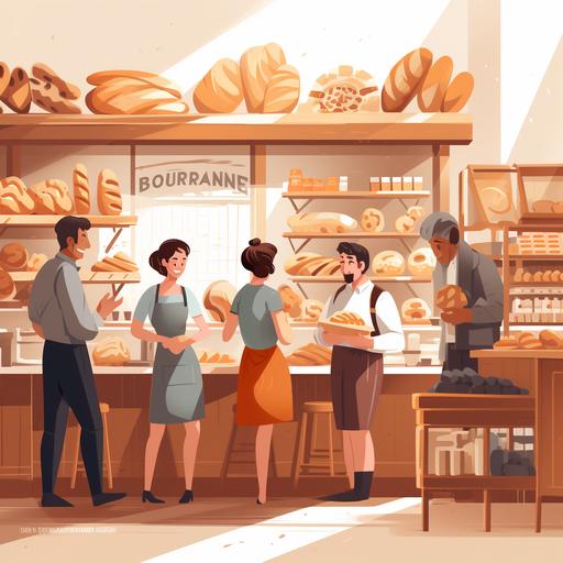 french boulangerie with people ordering bread and croissant stylish cartoon