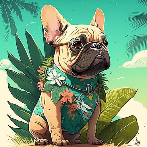 french bull dog, hawaii, cute, cool, cartoon