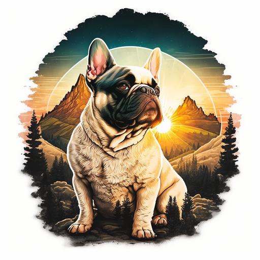 french bulldog, T shirt design, skyview, mountain and sun background, circular design, wide view, illustration, realistic, 8K, cinematic, vibrant rich colors, high contrast, white background, natural lighting, no water watermark,