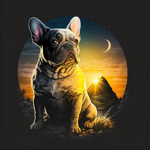 french bulldog, T shirt design, skyview, mountain and sun background, circular design, wide view, illustration, realistic, 8K, cinematic, vibrant rich colors, high contrast, black background, natural lighting, no water watermark,